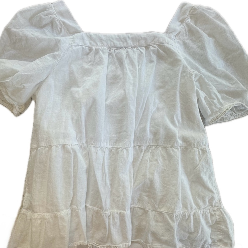 LOFT White Cotton Short Puff Sleeve Crochet Details Boho Peasant Tiered Top M - Picture 3 of 9